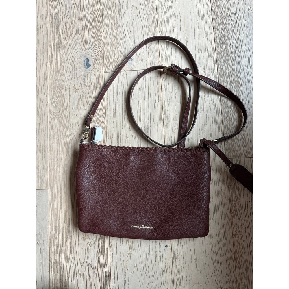 Tommy Bahama Brown Pebbled Leather Whipstitch Crossbody Bag Gold Hardware